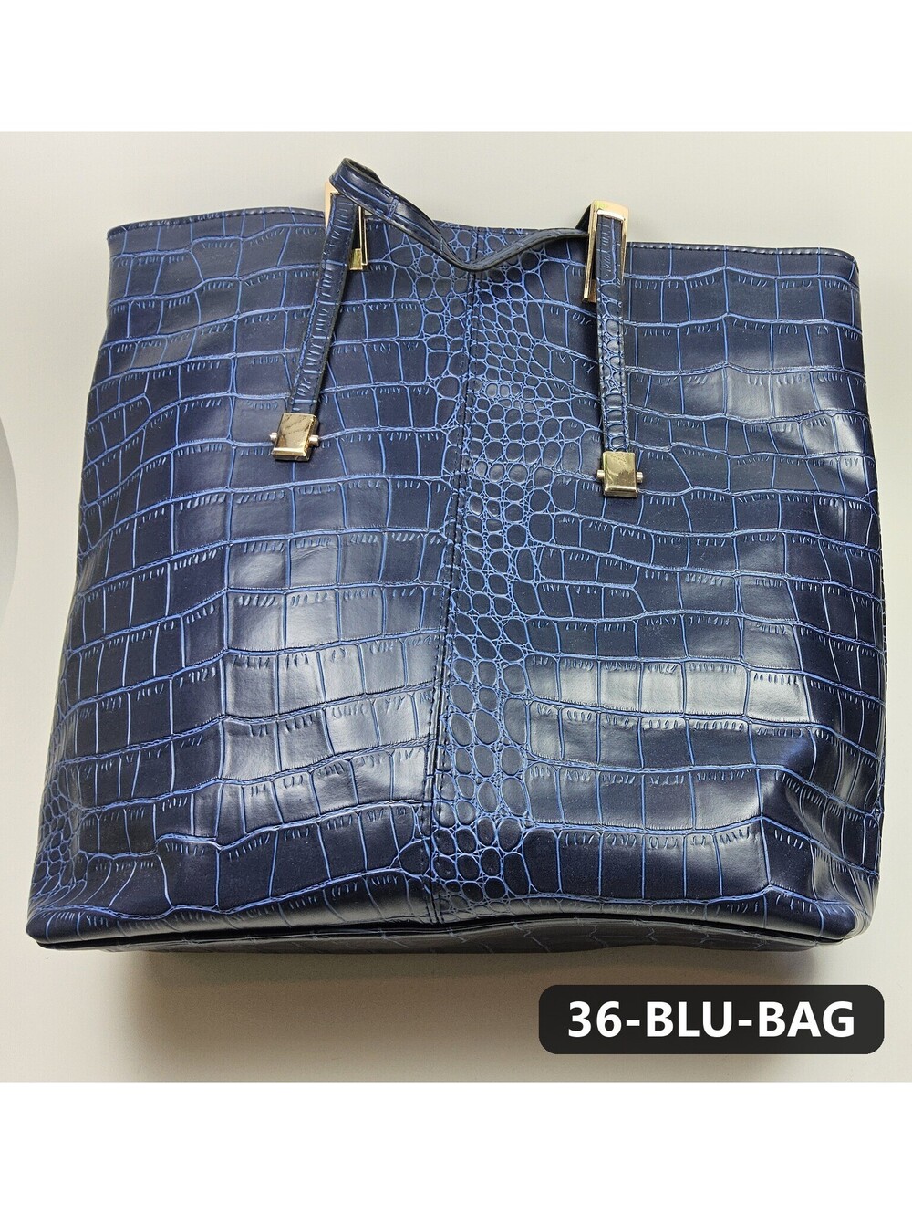 Navy Blue Croc-Embossed Tote Bag with Gold Hardware